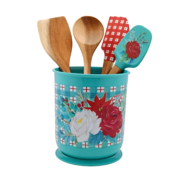 The Pioneer Woman Silicone & Wood Cooking Utensils& Crock Set Wishful Winter NEW - Picture 2 of 13